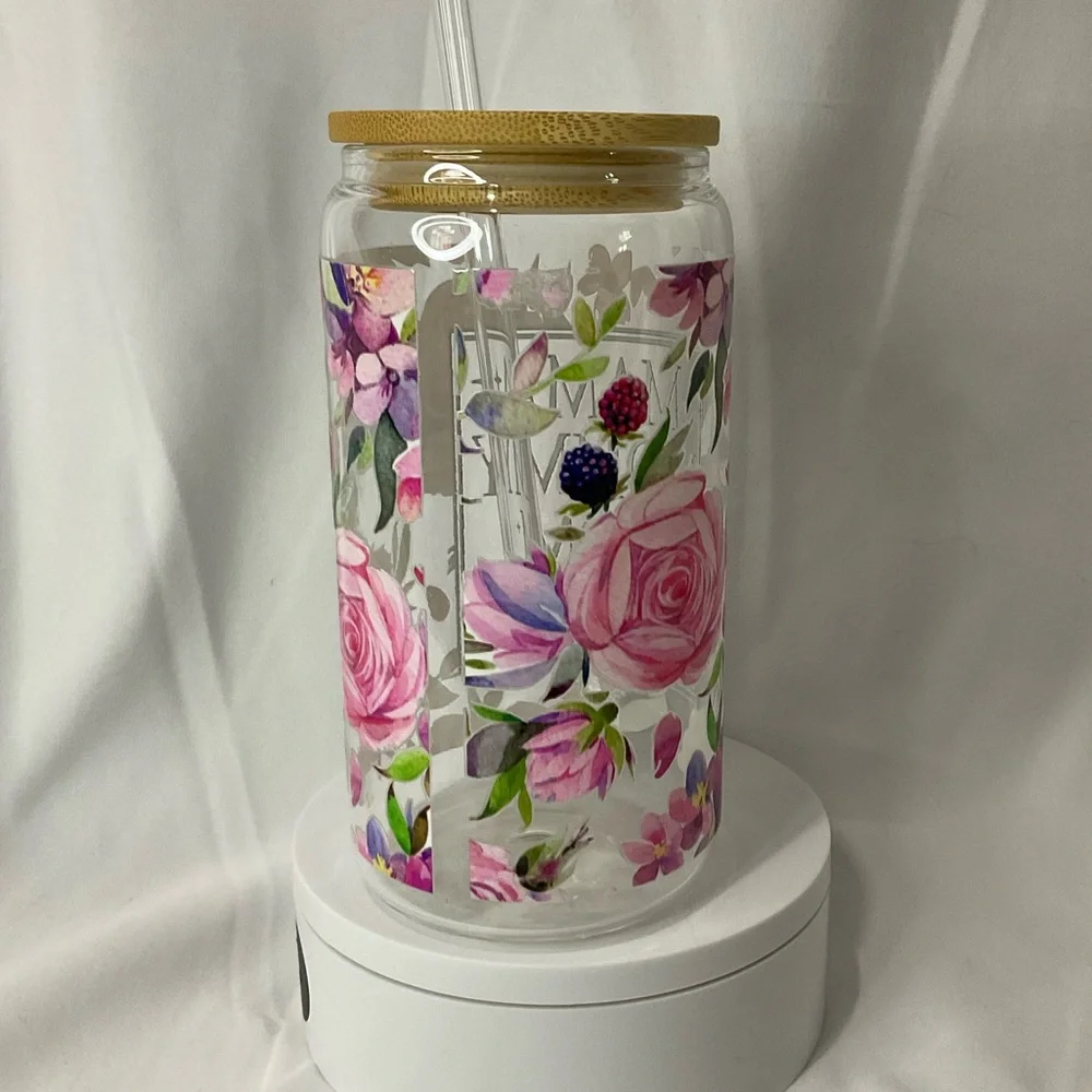 16 Ounce Handmade Clear Glass Can Cup, W/Lid & Straw, Mama Floral - Picture 6 of 13